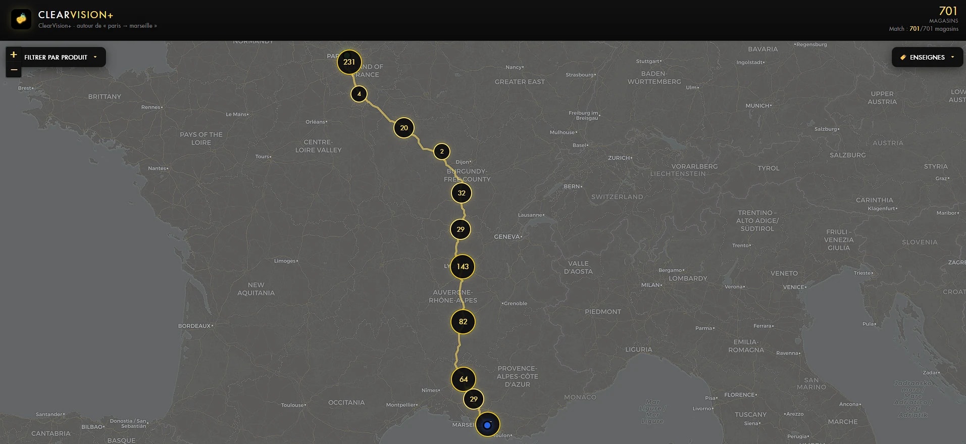 Carte ClearVision+ d'un trajet Paris-Marseille : l'itinéraire en jaune et des regroupements de magasins qui ont du stock le long de la route.