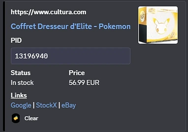 Alerte Discord d'un moniteur Cultura : Coffret Dresseur d'Élite Pokémon en stock à 56,99 euros, avec les liens de comparaison.