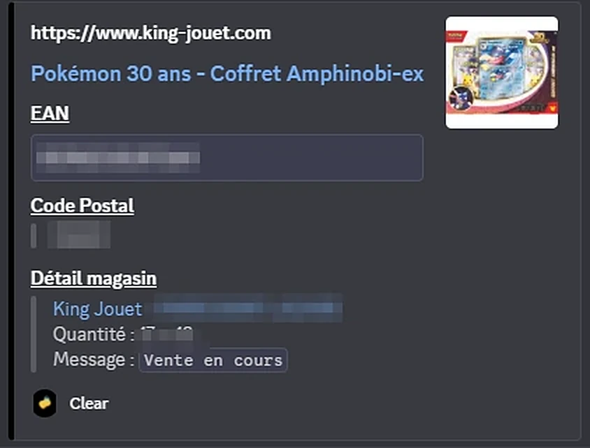 Alerte Discord en magasin pour un coffret Pokémon 30 ans : le produit et son image, le message « Vente en cours ». Le code-barres, le code postal et le magasin sont masqués.