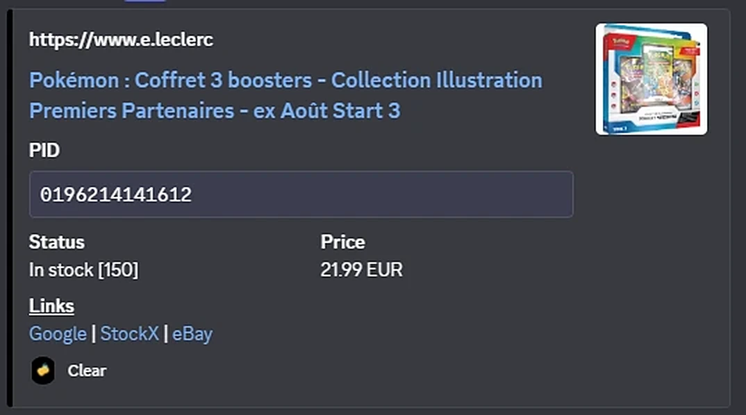 Alerte Discord d'un moniteur E.Leclerc : Coffret 3 boosters Collection Illustration Premiers Partenaires en stock à 21,99 euros.
