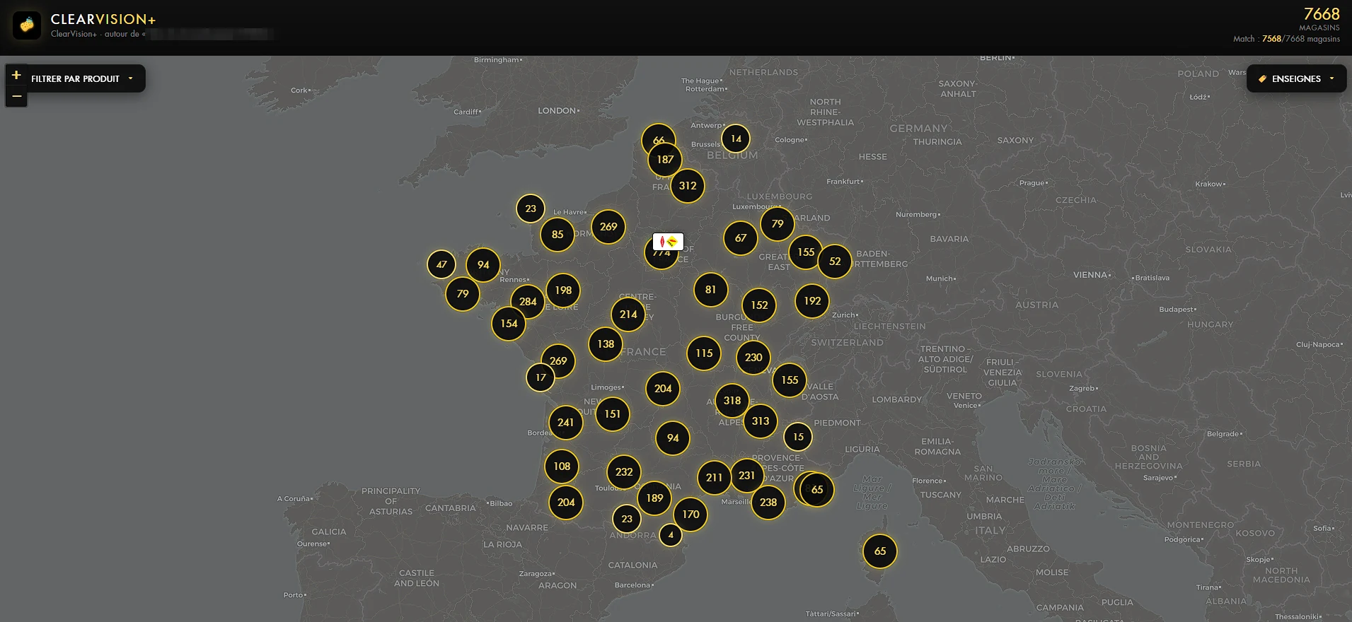 Carte ClearVision+ avec les magasins de France, de Belgique et du Luxembourg