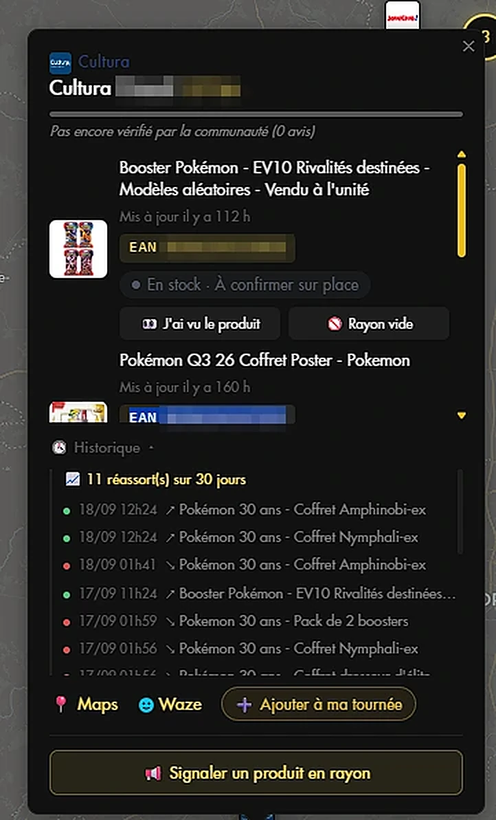 Fiche d'un magasin dans ClearVision+ : produits en stock, boutons « J'ai vu le produit » et « Rayon vide », et l'historique des réassorts sur 30 jours.