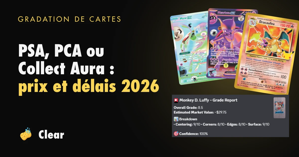 Titre « PSA, PCA ou Collect Aura : prix et délais 2026 » avec le résultat d'une estimation ClearAI Grader et des cartes Pokémon, avec le logo Clear