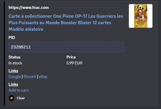Alerte Discord Restock Fnac OP17
